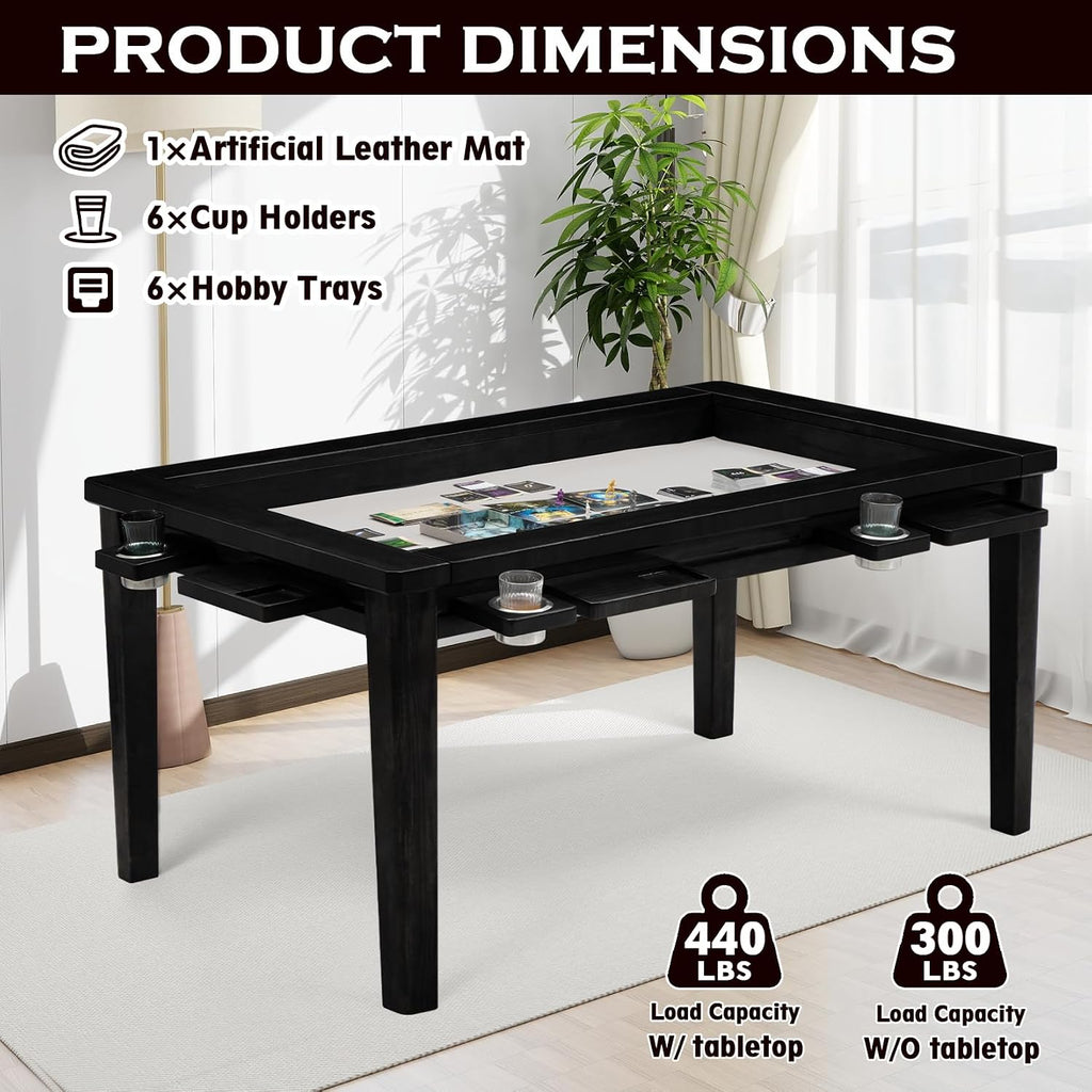 Haddockway 63' ×39' Board Game Table with Removable Top, Solid Wood Dining/Gaming Table for 4-6 Players with Play Mat, 6 Detachable Cup Holders & 6 Hobby Trays (Black)