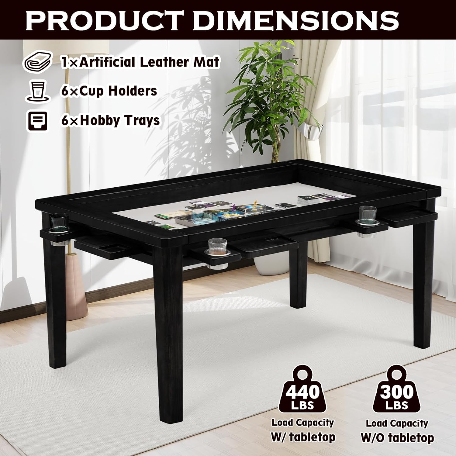 Haddockway 63' ×39' Board Game Table with Removable Top, Solid Wood Dining/Gaming Table for 4-6 Players with Play Mat, 6 Detachable Cup Holders & 6 Hobby Trays (Black)