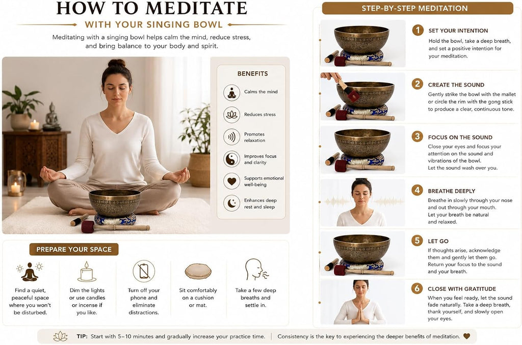 12' Om Mane Padme Hum Mantra Carved Singing Bowl for Meditation, Healing & Music Therapy - Tibetan Handmade Bowls