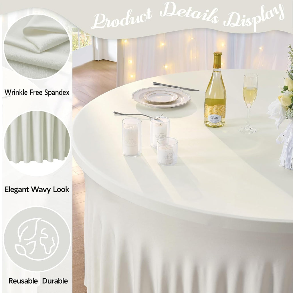 Outpain 8 Pack Ivory 72inch Spandex Round Tablecloths, Stretchy 132inch Fitted 6FT Round Table Cloths, Wrinkle Free Table Cover with Skirt for Wedding Party Dining Banquet
