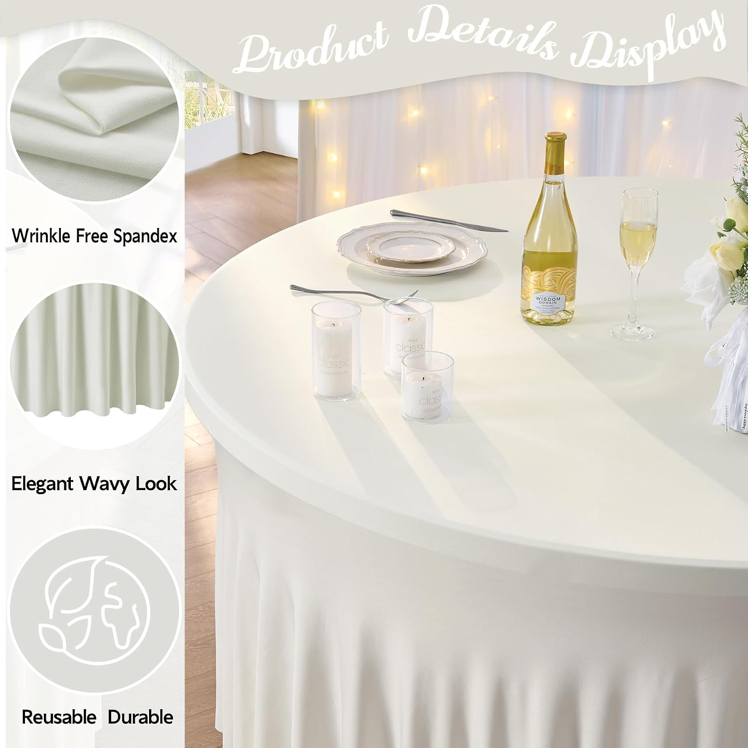 Outpain 8 Pack Ivory 72inch Spandex Round Tablecloths, Stretchy 132inch Fitted 6FT Round Table Cloths, Wrinkle Free Table Cover with Skirt for Wedding Party Dining Banquet