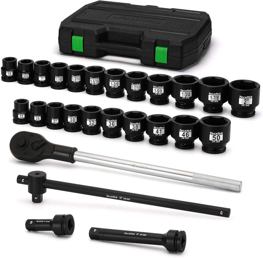 TecoTek 3/4' Drive Shallow 6-Point Impact Socket Set, 27-Piece Jumbo Assortment, CR-MO, SAE (7/8-Inch to 2-Inch) and Metric (22mm to 50mm), Ratchet Handle with Extensions