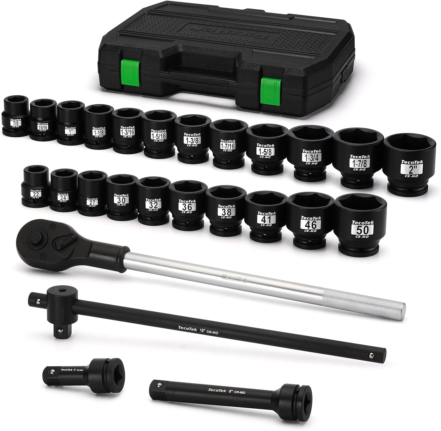 TecoTek 3/4' Drive Shallow 6-Point Impact Socket Set, 27-Piece Jumbo Assortment, CR-MO, SAE (7/8-Inch to 2-Inch) and Metric (22mm to 50mm), Ratchet Handle with Extensions