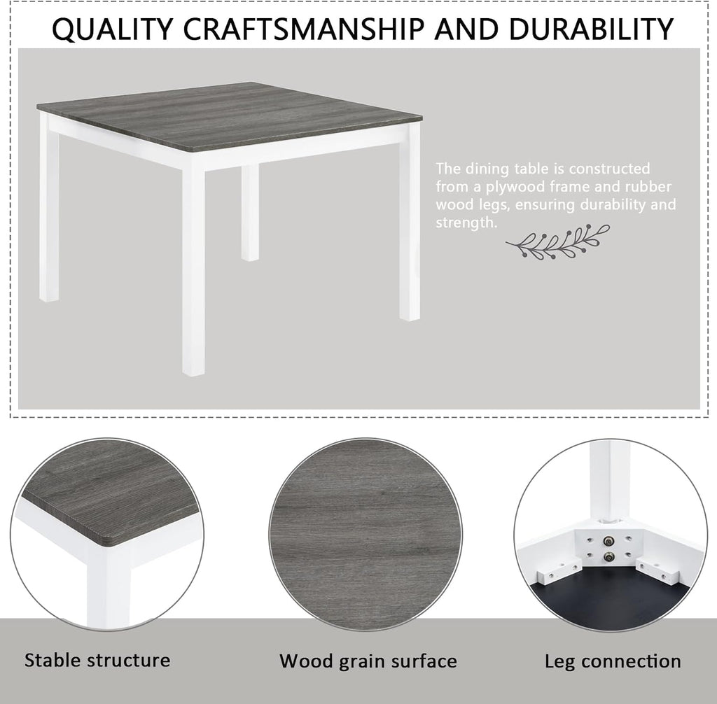 KEIKI 5-Piece Standard Height Dining Table Set with Square Table and 4 Upholstered Curved Backrset Chair, for 4 Person, Modern Wooden Table Set, Easy Assembly, for Kitchen, Dining Room, White+Gray