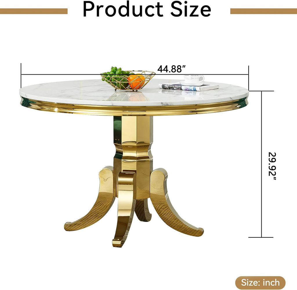45 inch Round Marble Dining Table for 4 to 6, Modern Circular White Faux Marble Kitchen Table with Gold Stainless Steel Leg, Round Kitchen Dining Room Table for Breakfast Dinette Dinner Dinning Room