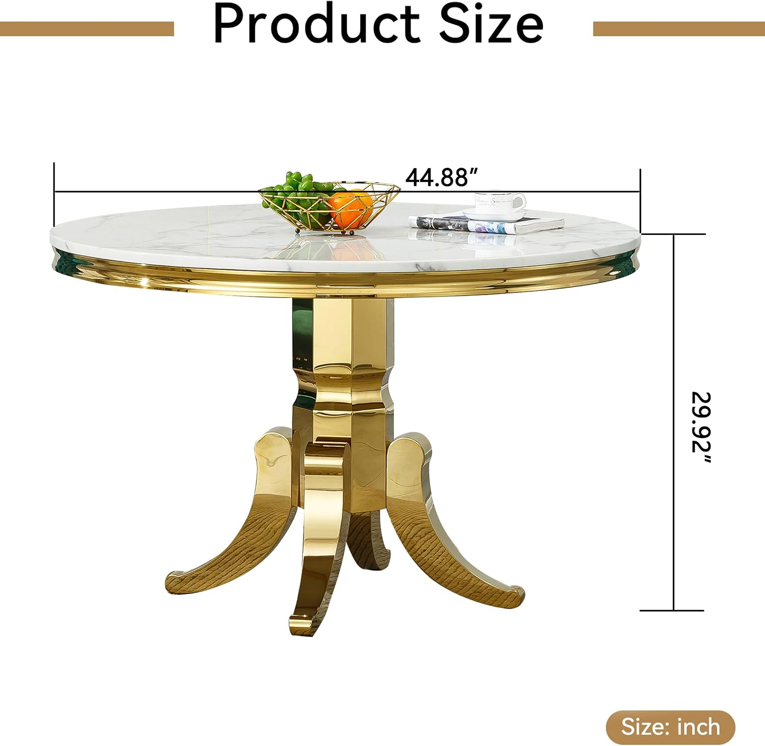 45 inch Round Marble Dining Table for 4 to 6, Modern Circular White Faux Marble Kitchen Table with Gold Stainless Steel Leg, Round Kitchen Dining Room Table for Breakfast Dinette Dinner Dinning Room