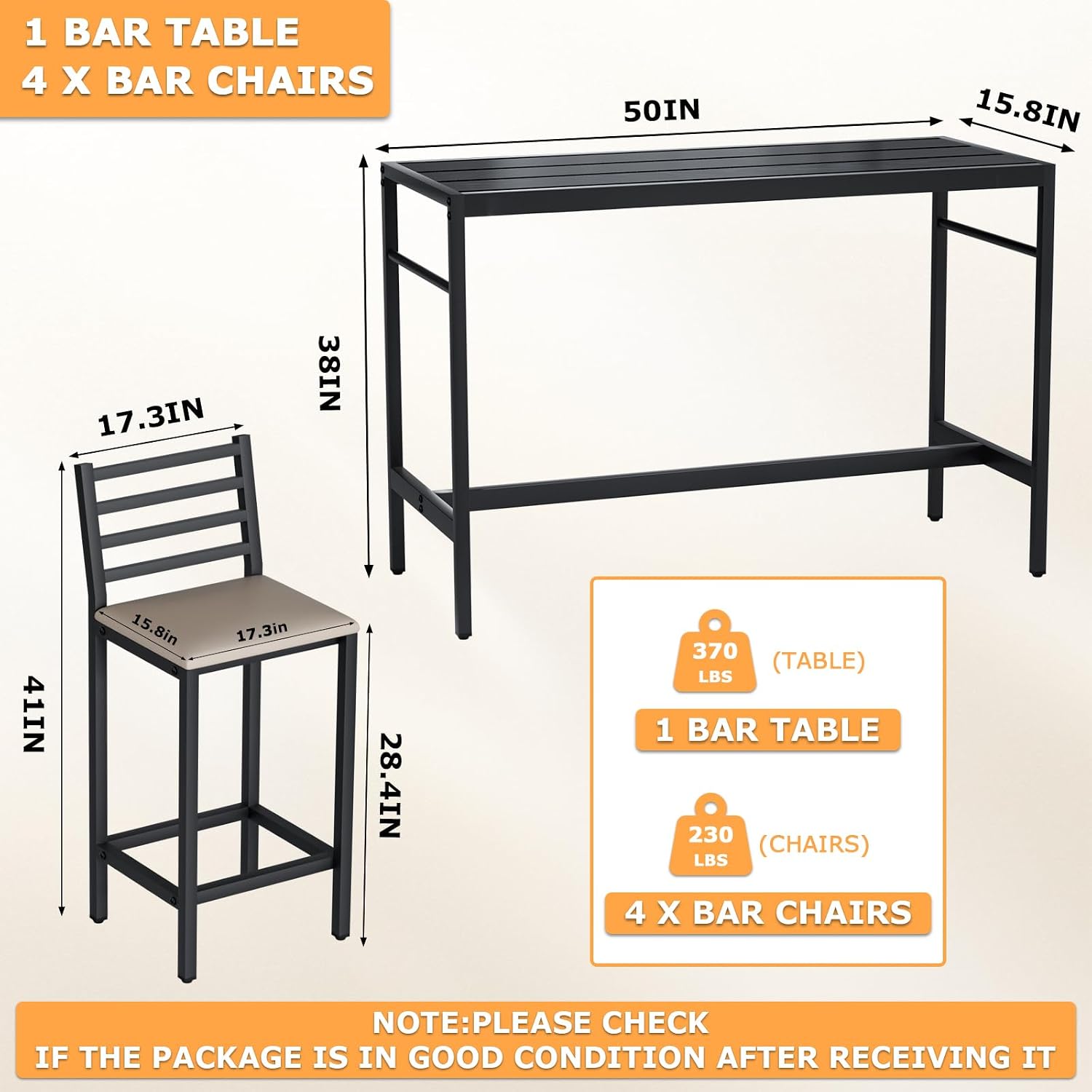 5 Piece Outdoor Patio Bar Set, 54.7' Rectangular Counter Height High Top Bar Tables, 4 Cushioned 41' Bar Stools, Metal Bar Table and Chairs Set for Poolside, Balcony, Backyard, Porch