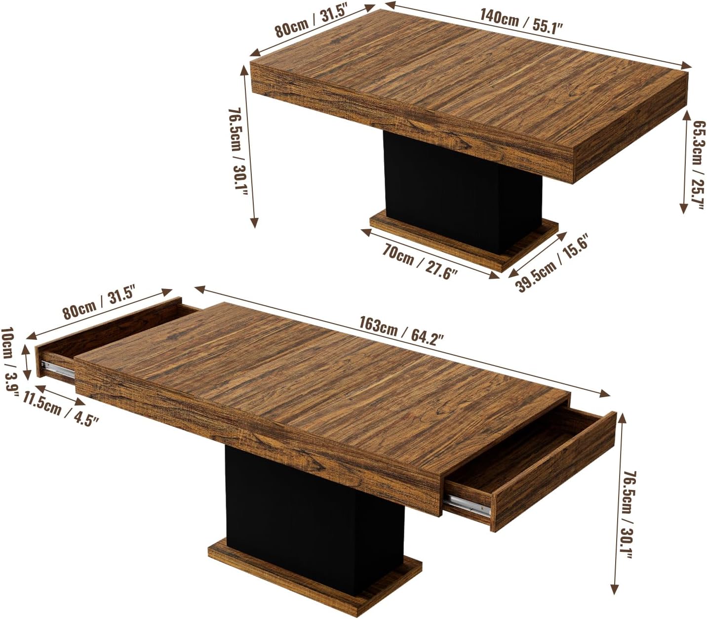 55' Dining Table for 4 to 6 People, Farmhouse Wood Dinner Table with Drawers & Led Lights for Kitchen, Dining Room & Living Room (Oak Brown & Black)