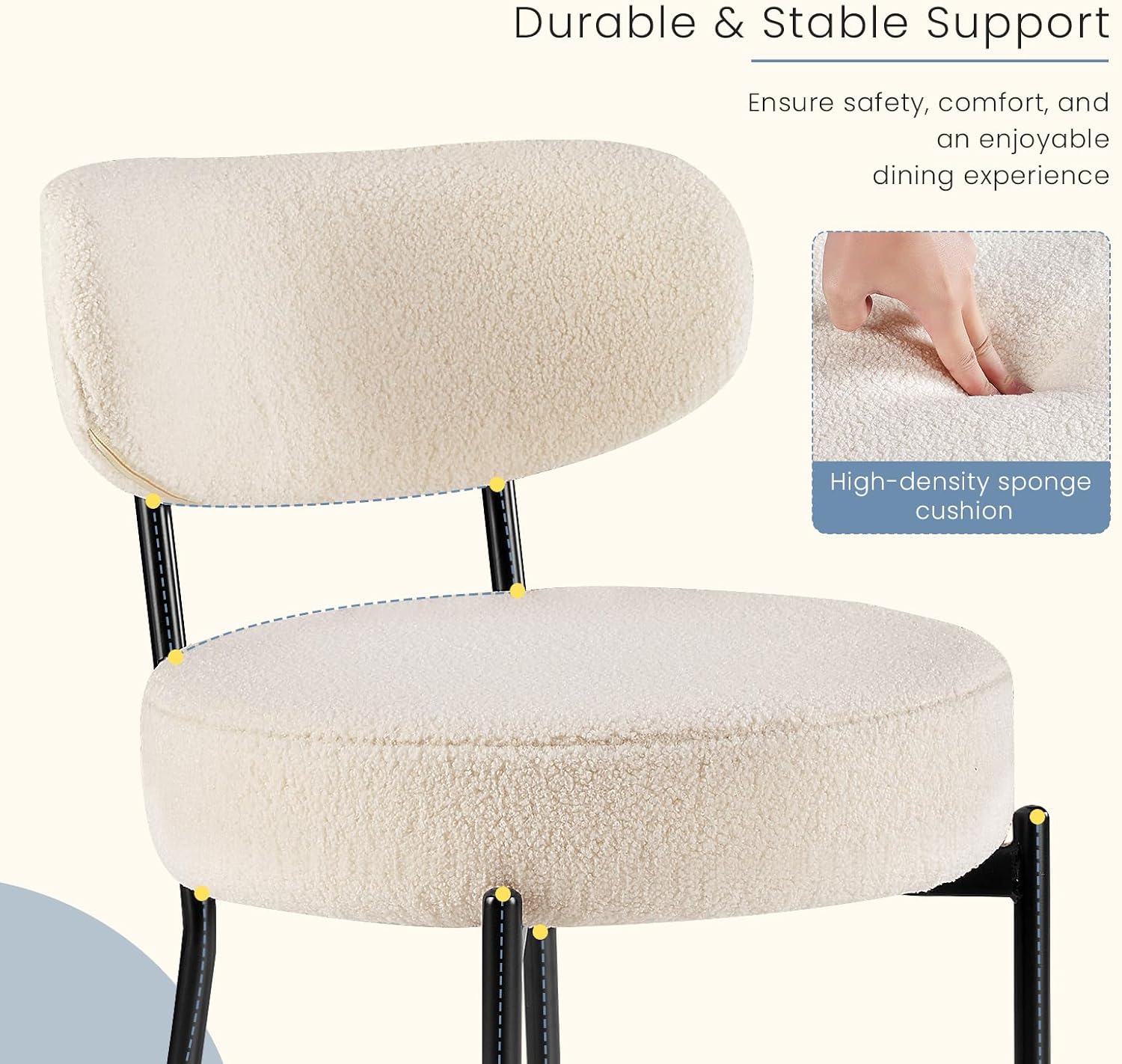 DUMOS Dining Chairs Set of 2, Mid Century Modern Chair Round Upholstered Curved Backrest, Kitchen Vanity Living Room Chairs with Black Metal Legs，Ivory White