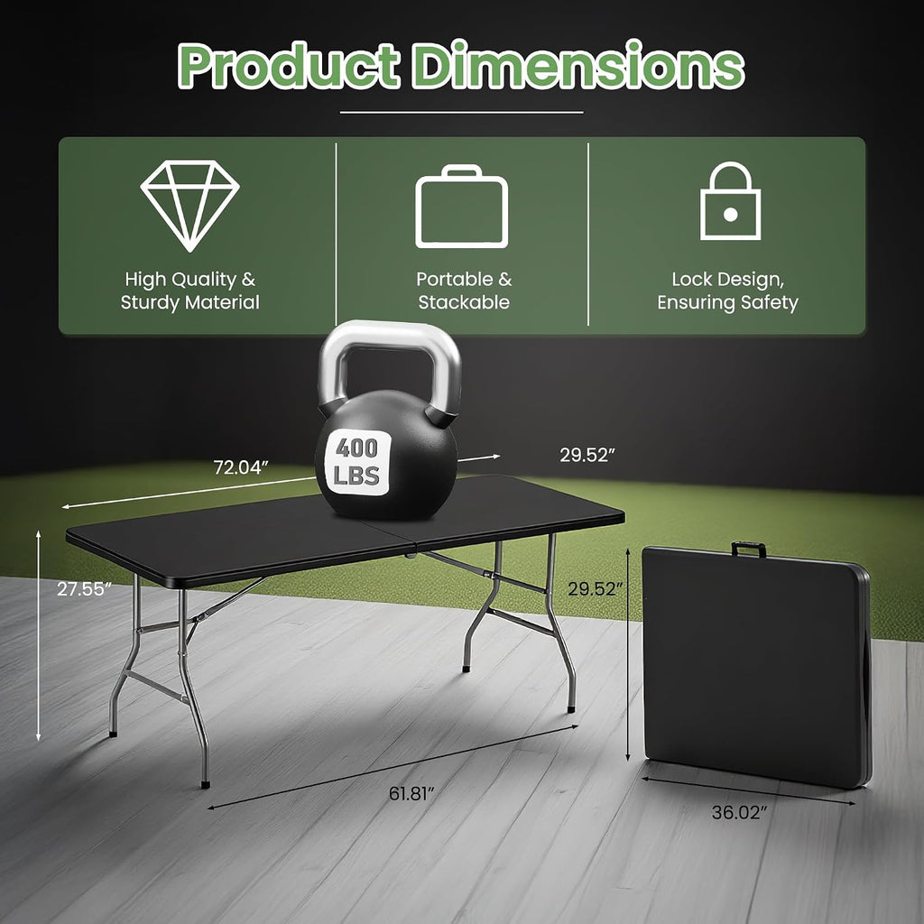 6FT Folding Table Set of 5 Portable Heavy Duty Plastic Table with Carrying Handle Fold-in-Half Utility Foldable Tables for Parties Wedding Events Dining Indoor Outdoor Picnic (Black)