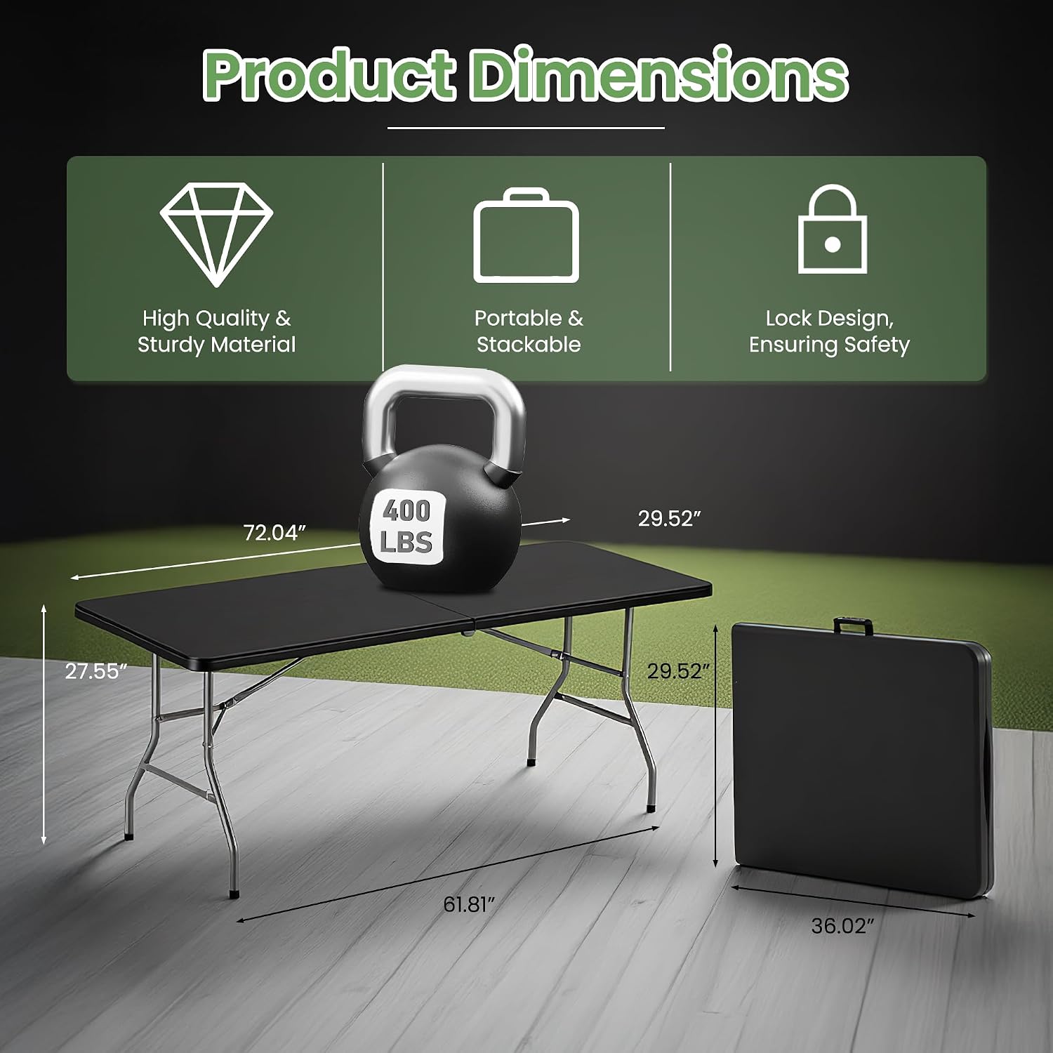6FT Folding Table Set of 5 Portable Heavy Duty Plastic Table with Carrying Handle Fold-in-Half Utility Foldable Tables for Parties Wedding Events Dining Indoor Outdoor Picnic (Black)