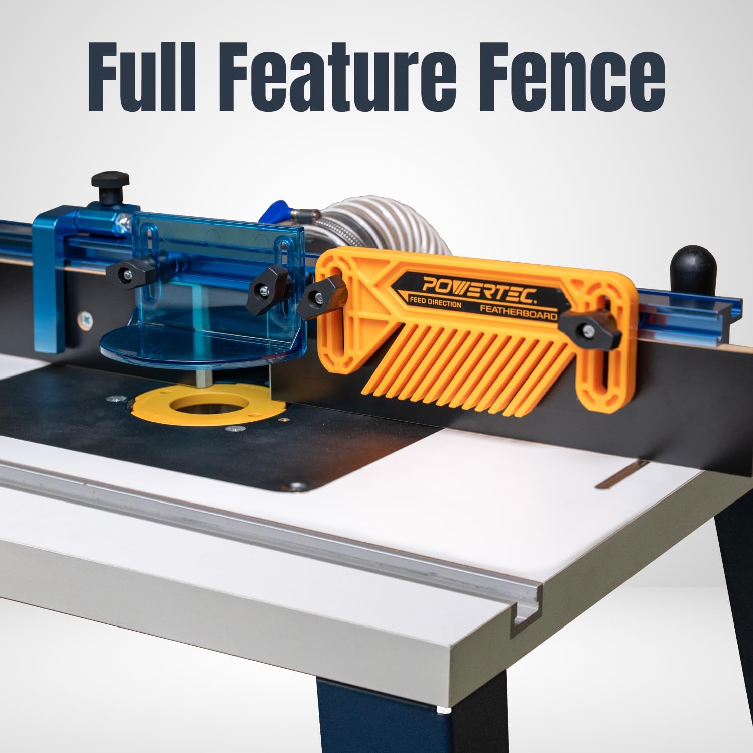 POWERTEC Benchtop Router Table with Steel Stand and Adjustable Fence – 24' x 16' MDF Laminated Top, Insert Plate, 2-1/2' Dust Port, Fence Stop, Featherboard & Additional Accessories (71402)