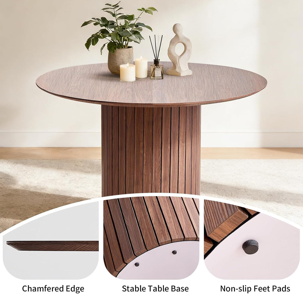 47' Round Dining Table for 4, Farmhouse Kitchen Table [Chamfered Edge Tabletop] Circle Pedestal Dinner Table, φ47.2'x29.5'H, Brown