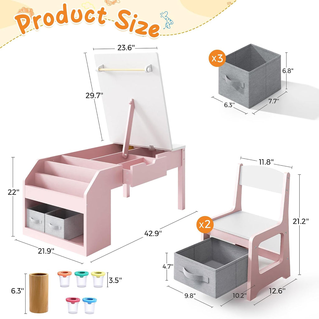 5-in-1 Kids Art Table and Chairs, Wood Toddler Table and Chair Set with Storage Drawers, Craft Play Desk for Kids, Convertible Art Easel with Paper Roll Holder, Children Activity Learning Center-Pink