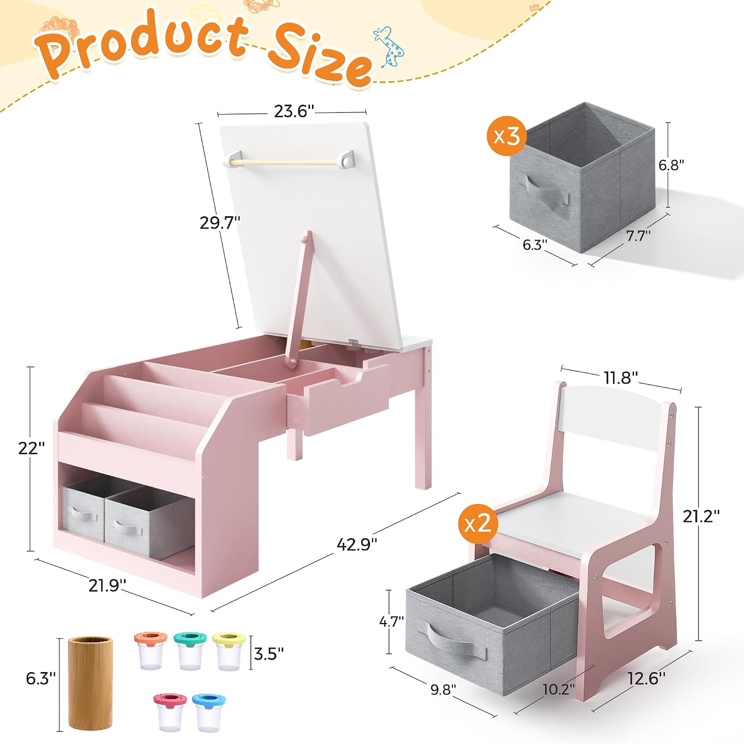 5-in-1 Kids Art Table and Chairs, Wood Toddler Table and Chair Set with Storage Drawers, Craft Play Desk for Kids, Convertible Art Easel with Paper Roll Holder, Children Activity Learning Center-Pink