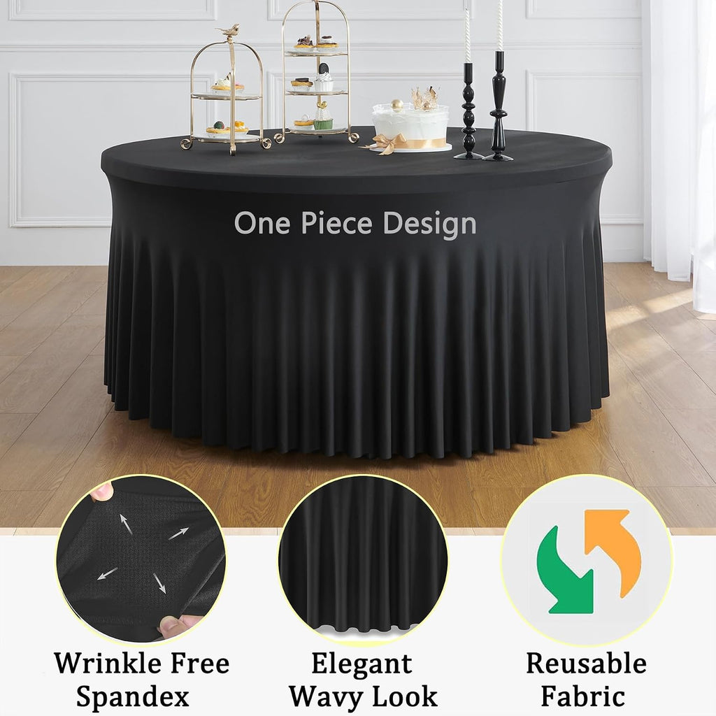 8 Pack Spandex Black Round Tablecloths for 72inch Table, Wrinkle Free 132inch Stretchy Fitted 6ft Round Table Cloth Covers with Skirt for Wedding Birthday Graduation Parties Banquet Events