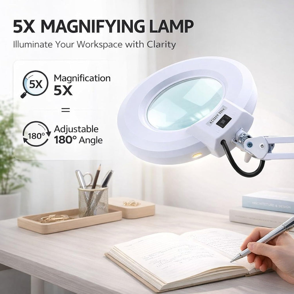 Magnifying Glass Magnifier with Light and Stand Lighted, 5X White Desk Lamp - Hands - Free Illumination, Adjustable Clamp Stand, Ideal for Reading and Craftwork