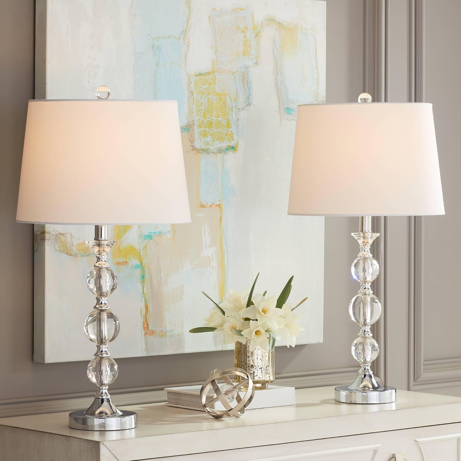 360 Lighting Solange 25' High Modern Glam Luxury Table Lamps Set of 2 Silver Finish Stacked Crystal White Shade Living Room Bedroom Bedside Nightstand House Office Home Reading Kitchen Entryway