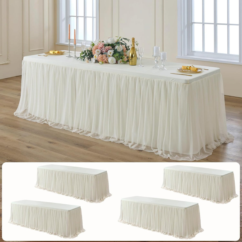 leegleri 4 pk 8ft Ivory Tulle Tablecloth for Rectangle Tables, 2-in-1 Cream Table Covers with Tulle Skirt,Wrinkle Free Stretchy Ruffle Tulle Table Cloths Fitted for Wedding Party Banquet Vendor