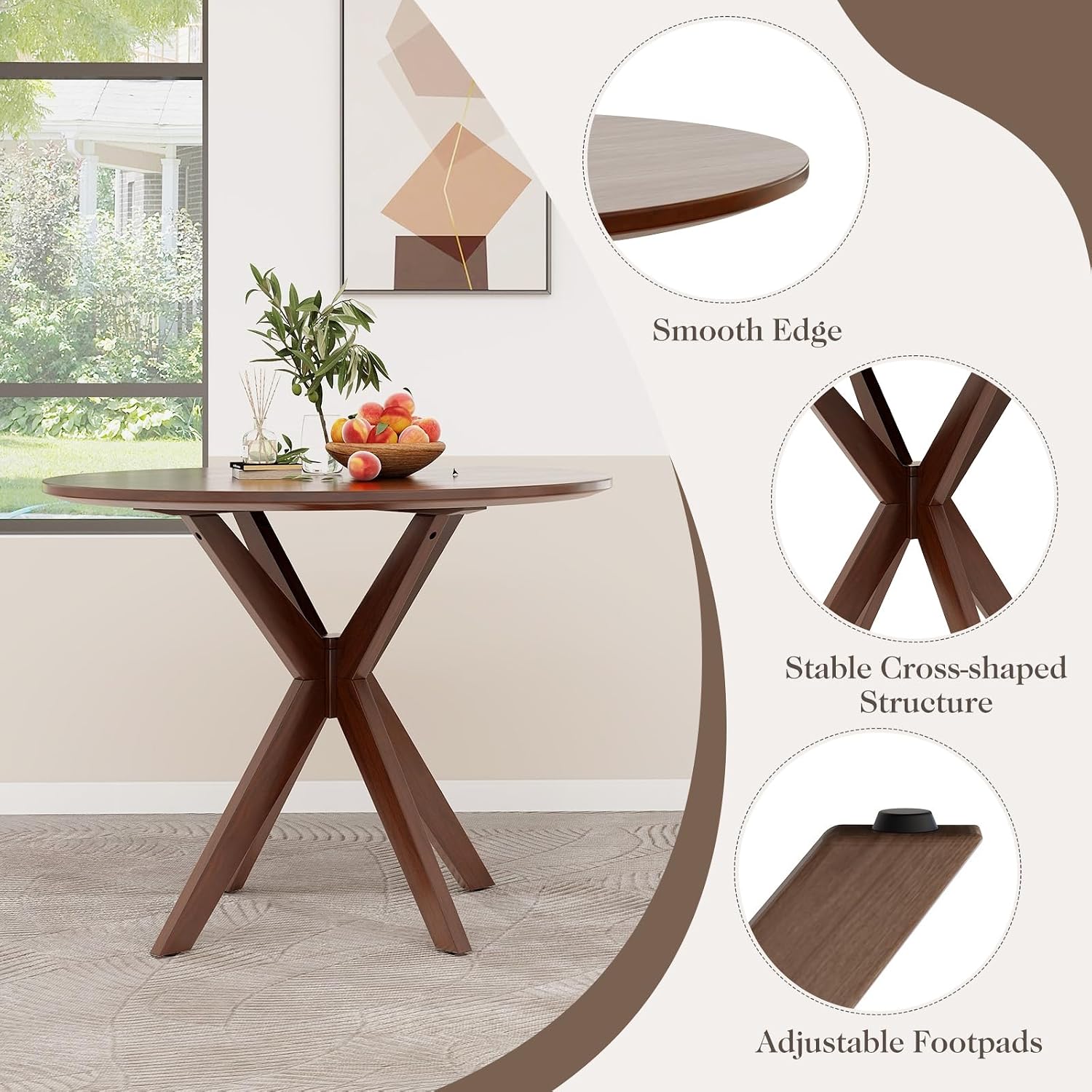 ERGOMASTER 3-Piece Dining Table Set for 2, 36' Kitchen Round Table with 2 Chairs, Rubber Wood Legs, Brown