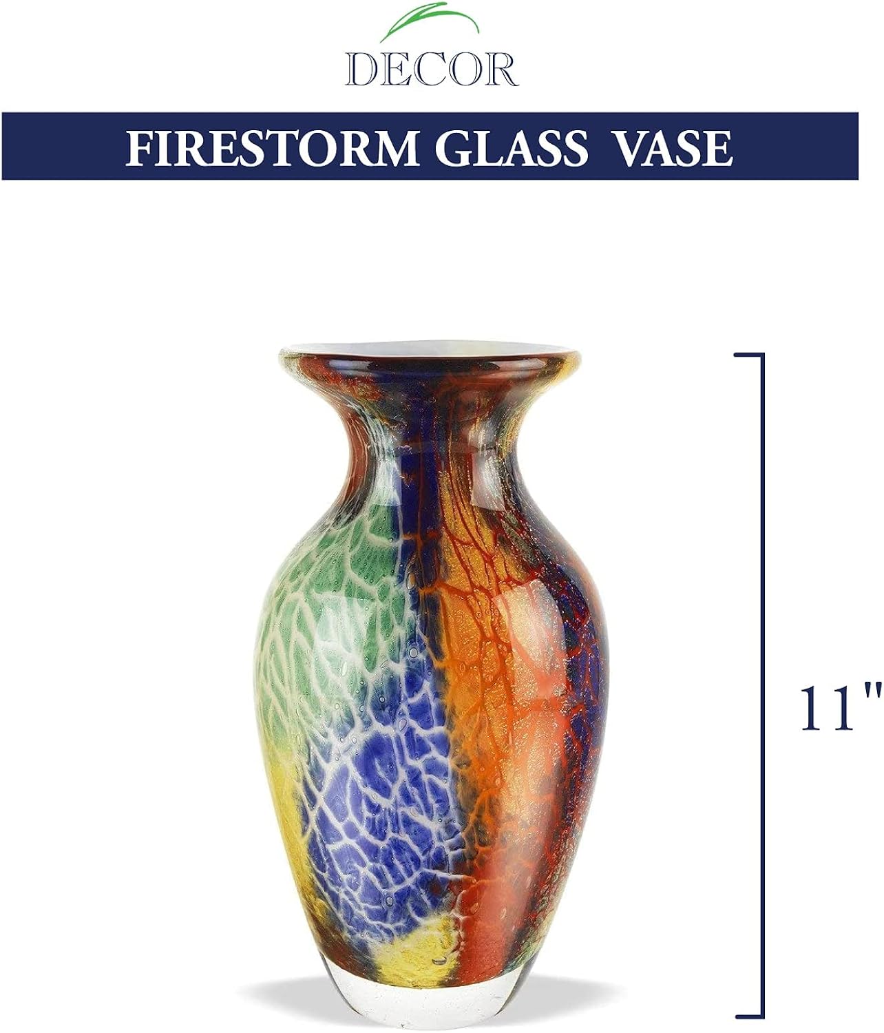 Badash Firestorm Murano-Style Glass Vase - 11' Tall Decorative Mouth-Blown Art Glass Vase - Stunning Oversized Home Decor Accent