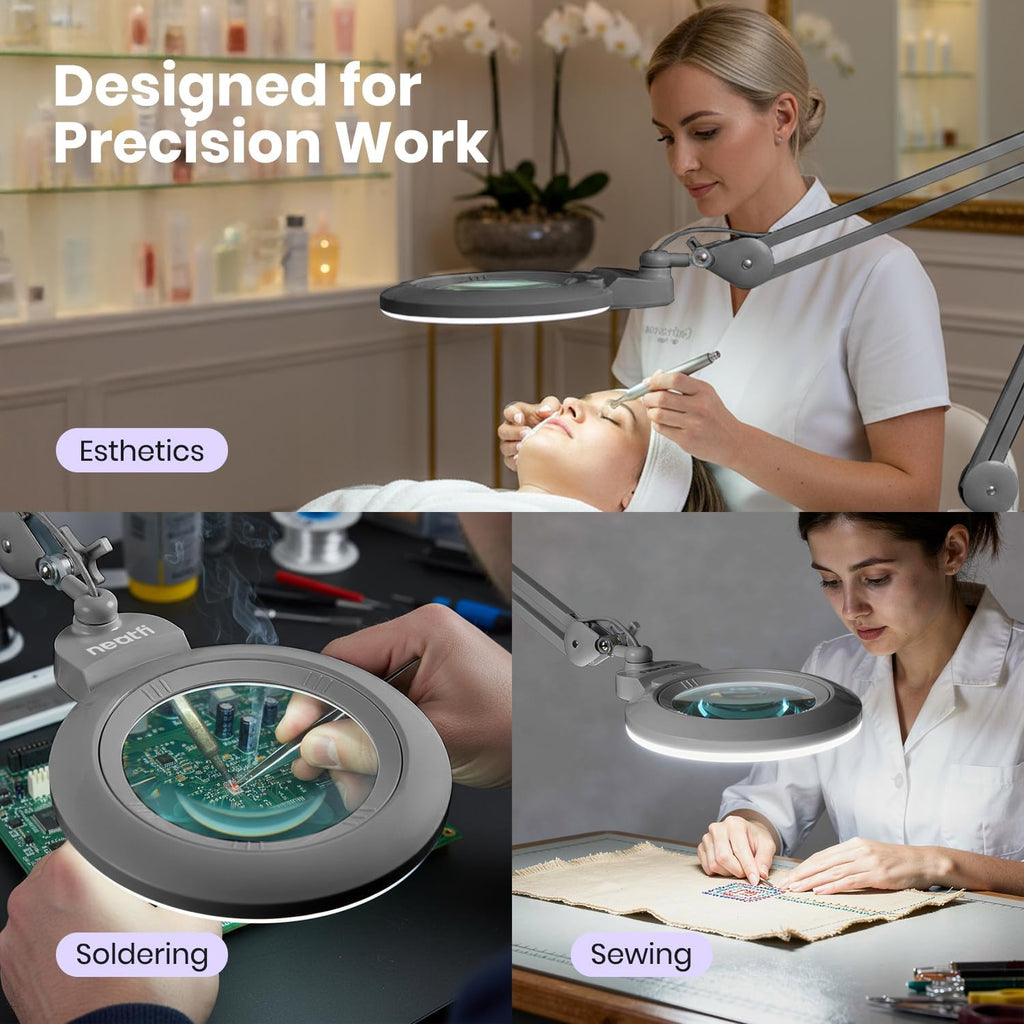 Neatfi XL Bifocal LED Magnifying Lamp, 7' Acrylic Lens, 2.25X/6X Magnification, 1,600 Lumens Dimmable | Hands-Free Close Work | Crafting, Jewelry & Reading (Silver, 7-inch Lens, Non-CCT with Clamp)