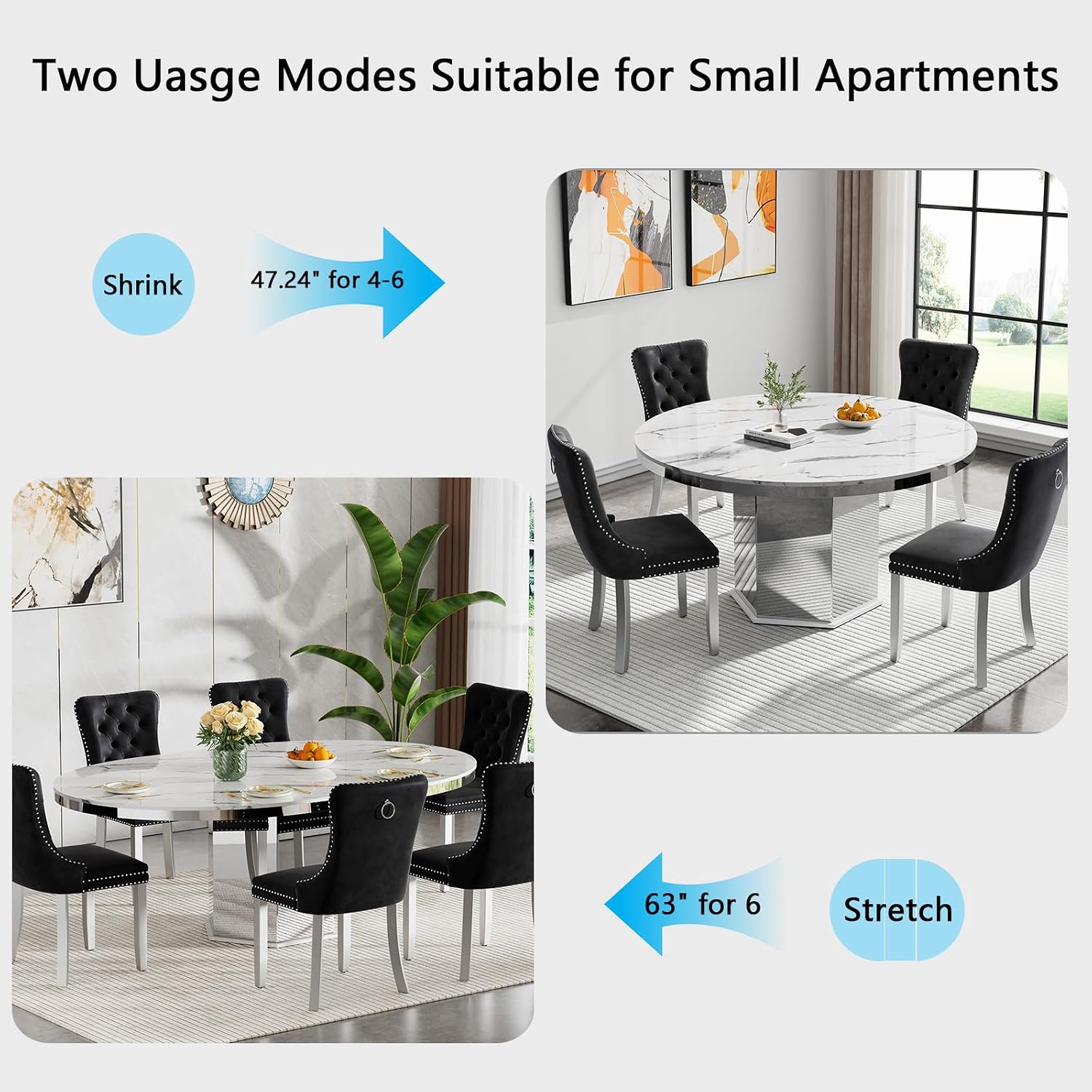 47'-63' Round White Faux Marble Extendable Dining Table for 4-6, Modern Luxury Round Dining Room Table, Kitchen Dinner Tables with Marble Veining Tabletop and Mirror Acrylic Base for Kitchen