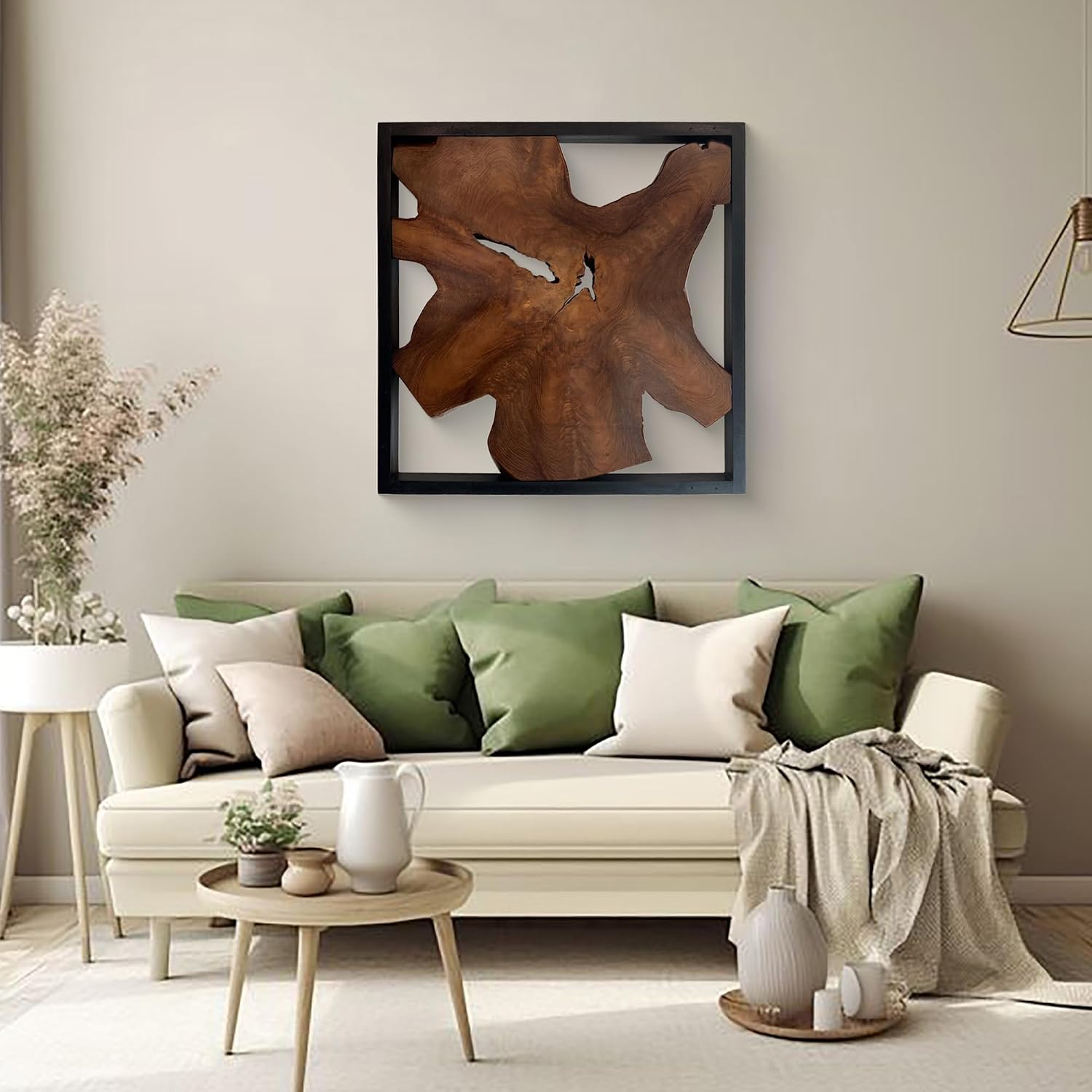 Warmaxx Rustic Teak Wood Wall Art 27.8'L x 27.8'W x 2.3' Thickness Farmhouse Framed Wall Art Aesthetic Decoration Square Home Office Dorm Handmade Freeform Pattern Natural Wall Décor Living Room Bedroom Hallway