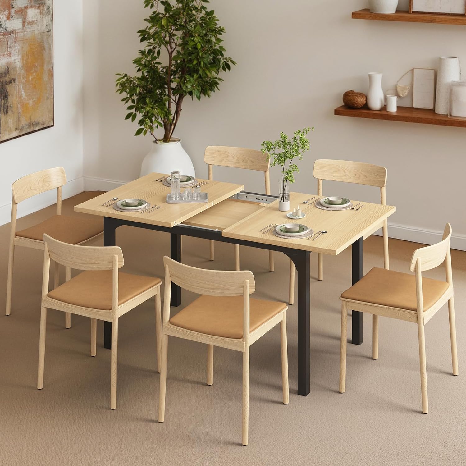 Extendable Dining Table, Rectangle Kitchen Table for 4-8 People, Modern Wooden Dinner Table with Strong Metal Legs, Space Saving Expandable Dining Room Table for Restaurant, Conference, Natural
