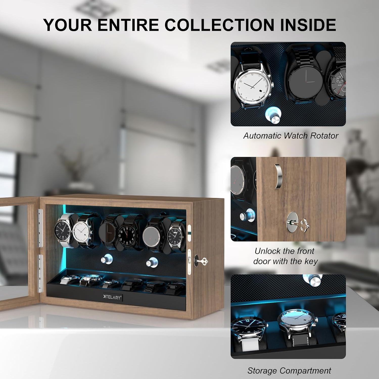 XTELARY Lockable Automatic Watch Winder - 4/6/8/12 Watch Storage, 4 Rotation Modes, Quiet Motor, Backlight