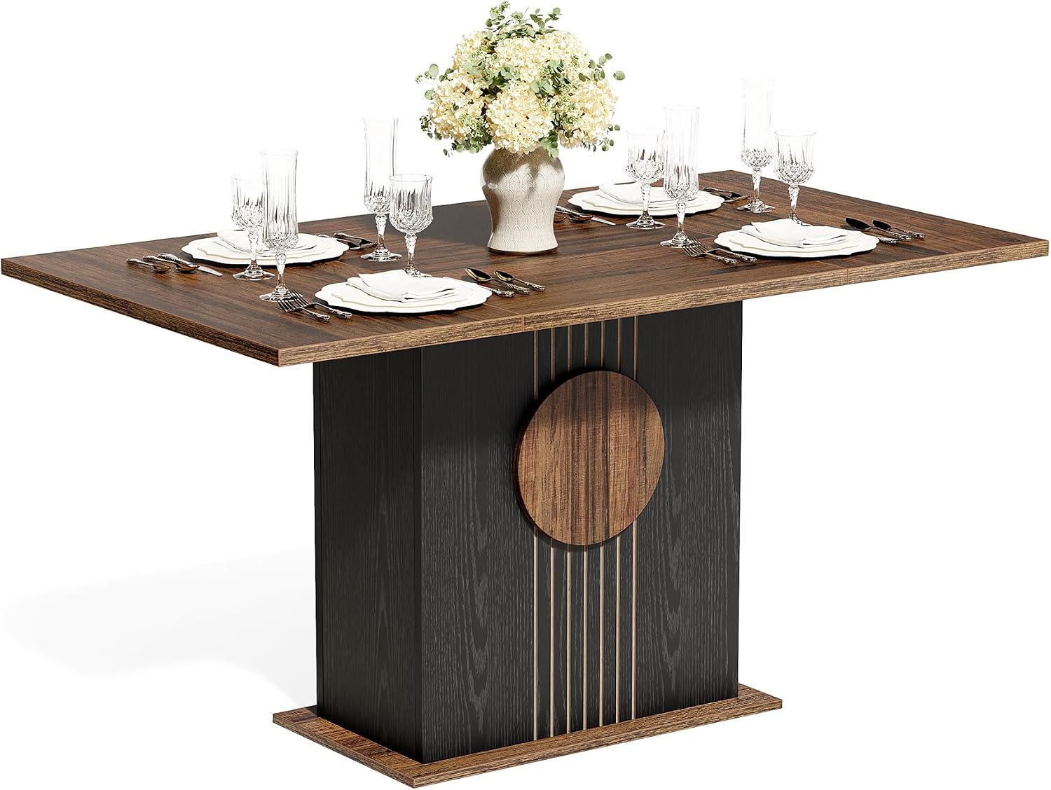 LITTLE TREE Rectangle Dining Table, Modern Kitchen Table Set for 6, Wooden Furniture with Heavy Duty Base, Modern Furniture for Home, Dining Room, Brown & Black