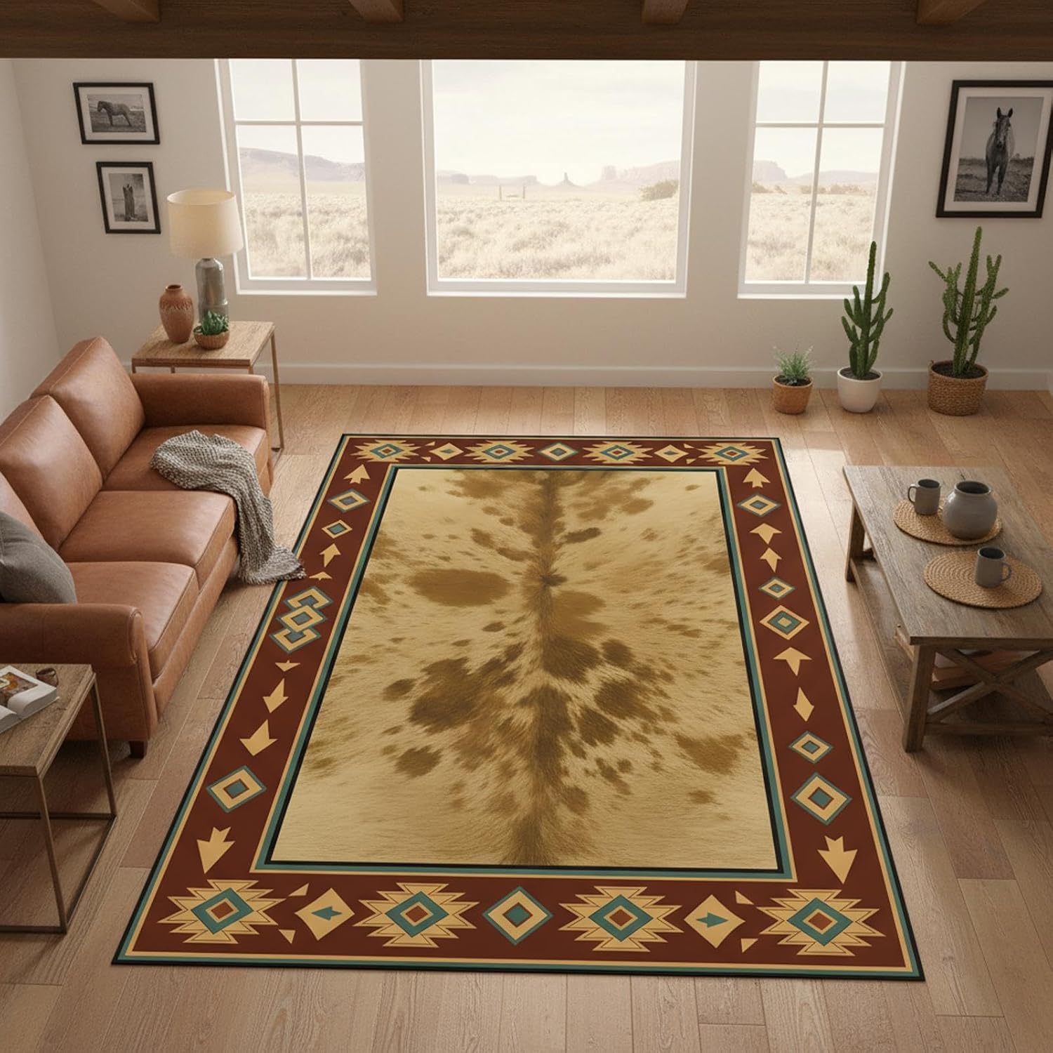 Western Cowhide Area Rug 5'x8' Southwestern Aztec Rustic Ranch Carpet, Faux Hide Print, Non Slip Washable Low Pile Rug for Living Room Bedroom Farmhouse Cabin Decor