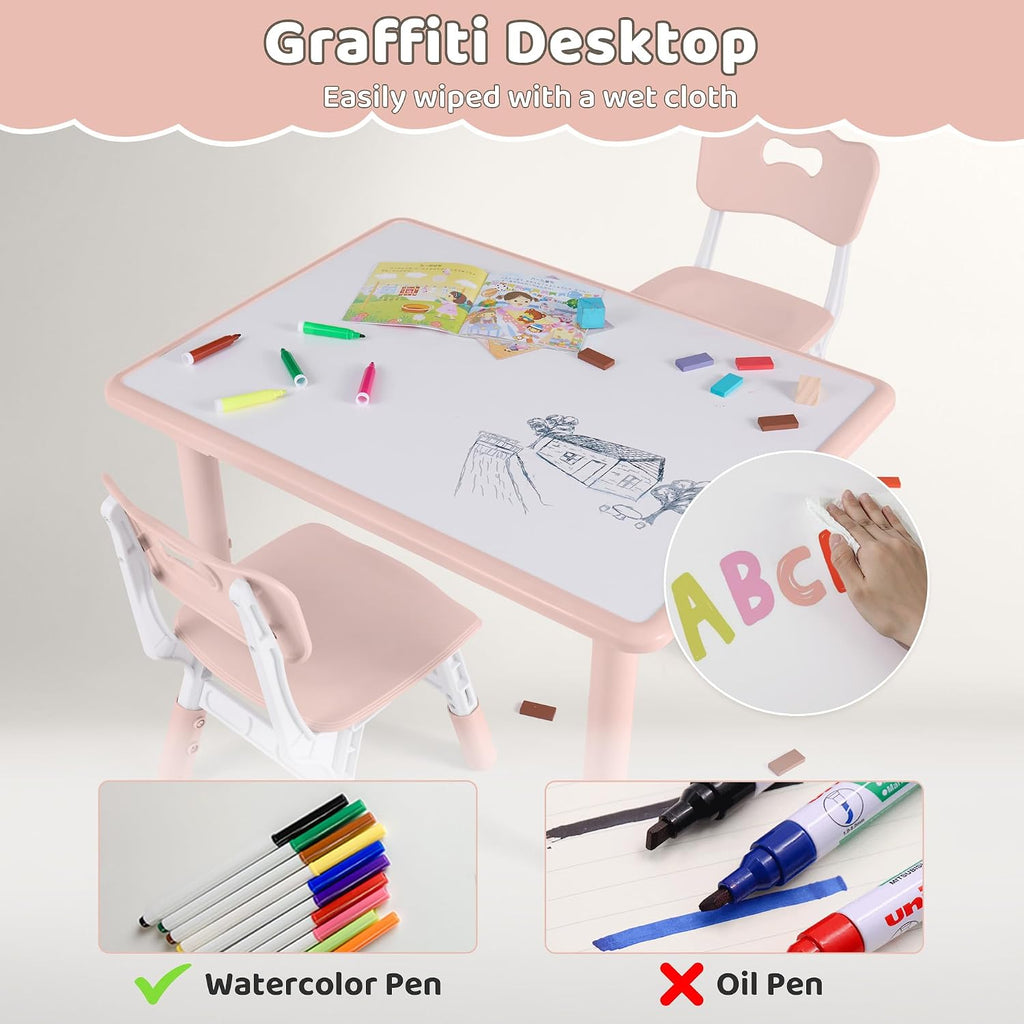 DOREROOM Kids Table and 4 Chairs Set, Height Adjustable (17.7'-26.1') Toddler Table and Chair Set, Multi-Activity Table with Graffiti Desktop, Children's Table and Chairs for Classroom, Home & Daycare