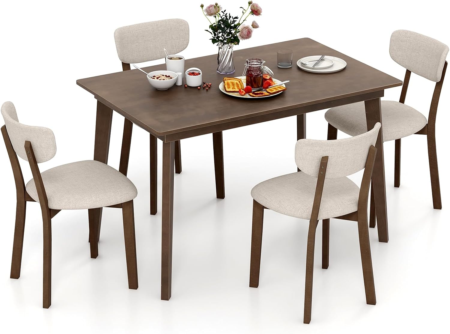 Tangkula Dining Table Set for 4, Dinette Set with Table and 4 Padded Seat, Rubber Wood Legs, Curved Backrest, Mid-Century Modern Kitchen Table Chairs Set of 4 for Living Room, Dining Room