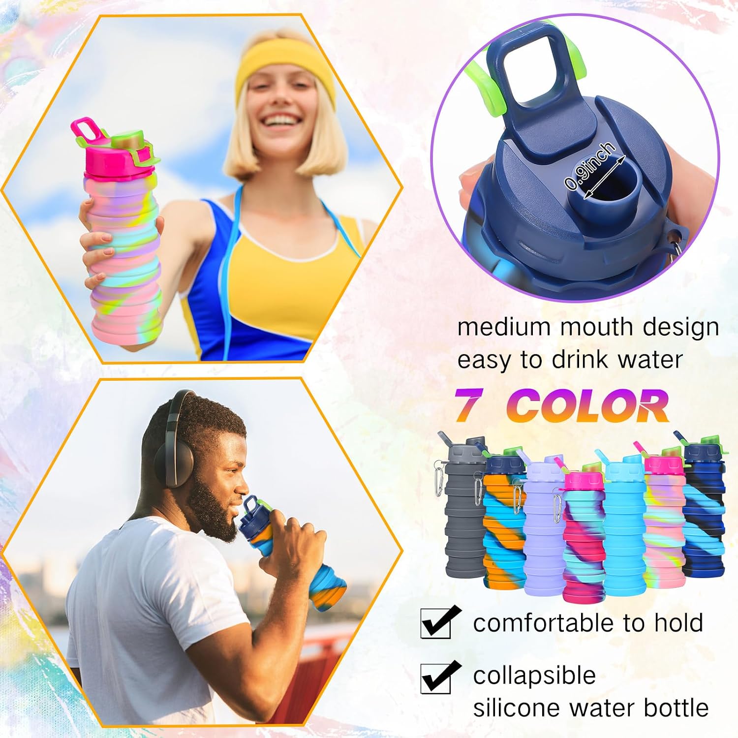 Sunnyray Collapsible Water Bottles Bulk Foldable Water Bottles 17oz Silicone Portable Leak Proof Reusable Sports with Clip for Travel Hiking Camping Outdoor(Colorful,40 Pack)