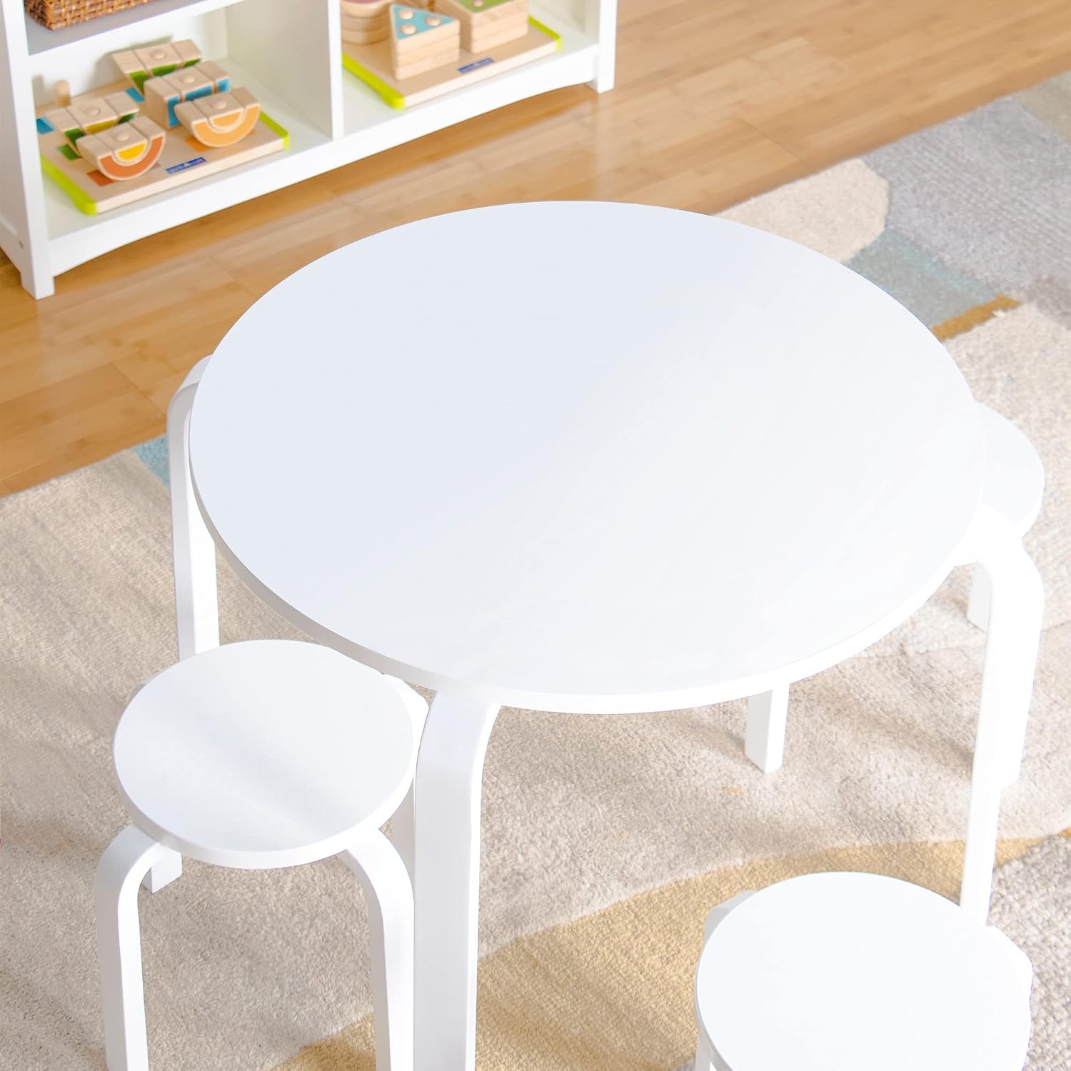 Guidecraft Nordic Table and Stools Set for Kids: White - Stacking Bentwood Stools with Curved Wood Toddler Activity Table - Children's Modern Bedroom, Playroom, and Living Room Furniture