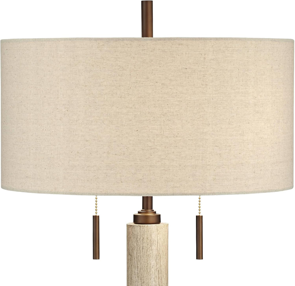 Franklin Iron Works Hugo 28 1/2' Tall Mid Century Modern Natural Cottage End Table Lamps Set of 2 USB Port Pull Chain White-Washed Wood Finish Oatmeal Shade Living Room Charging Bedroom Bedside