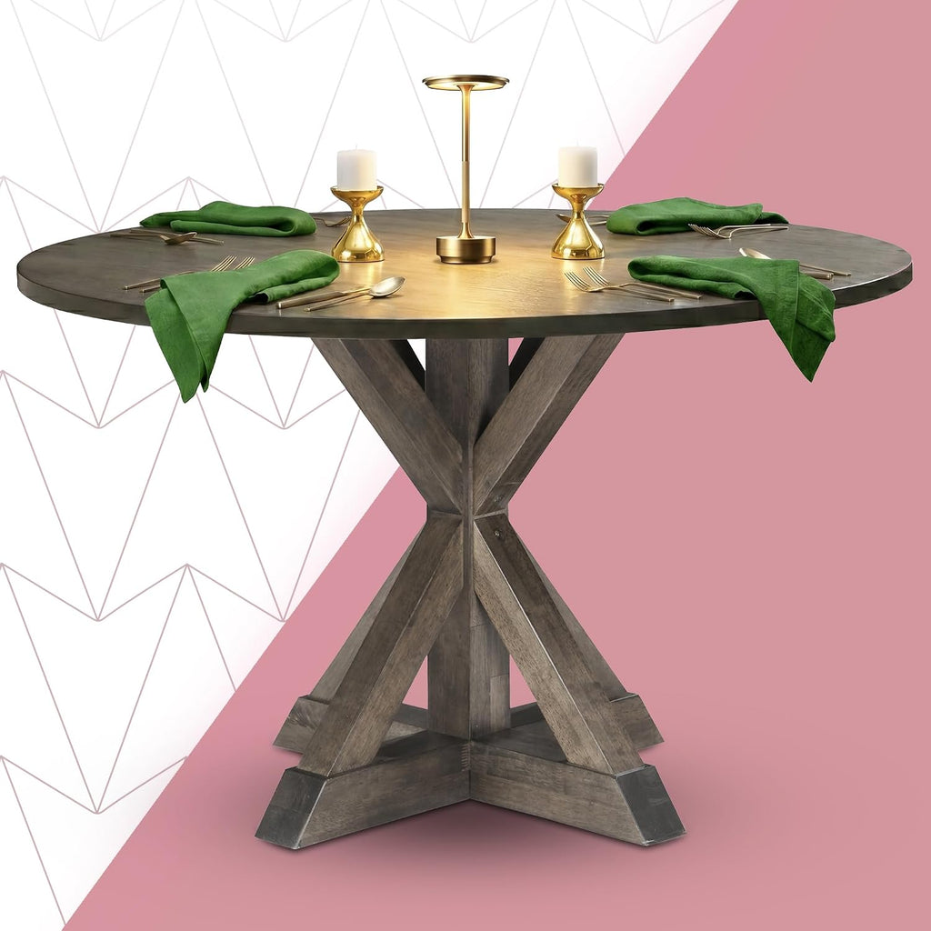 Alfred 46.5 Inch Round Solid Wood Dining Table for 4, Rustic Farmhouse Kitchen Table with Wood Finish and Trestle Pedestal Base