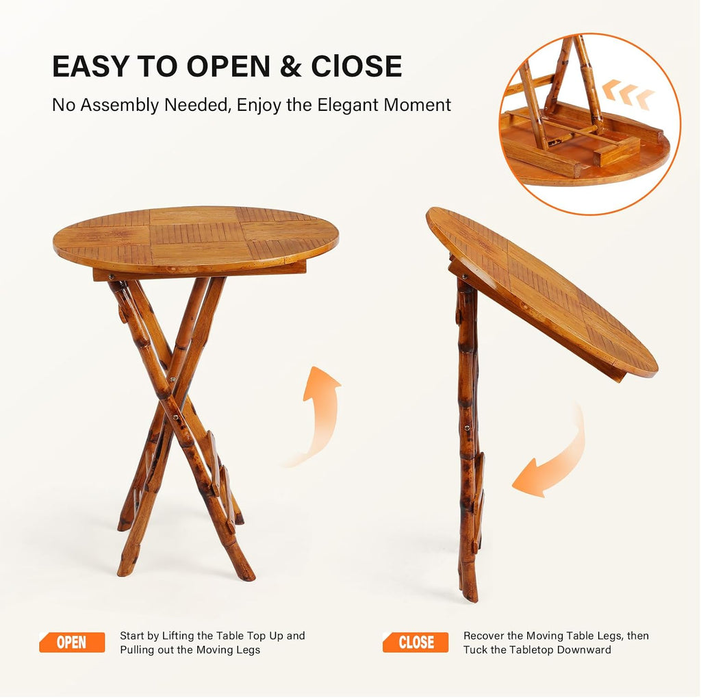 VINGLI Bamboo Folding Chair Table 3 Piece Bistro Set, Foldable Dining Wood Chairs Comfortable Seat for Outdoor & Indoor, Patio, Porch, Wedding, Party, Event, 3 Pack
