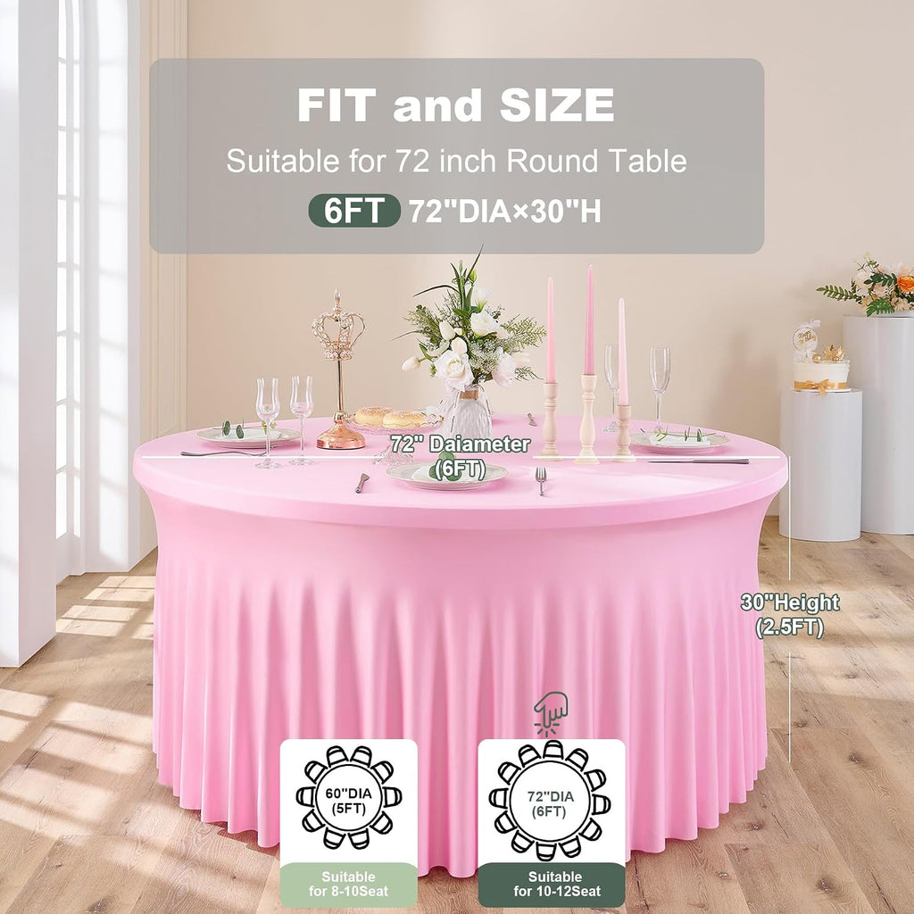 Outpain 8 Pack Pink 72inch Spandex Round Tablecloths, Stretchy 132inch Fitted 6FT Round Table Cloths, Wrinkle Free Table Cover with Skirt for Wedding Party Dining Banquet