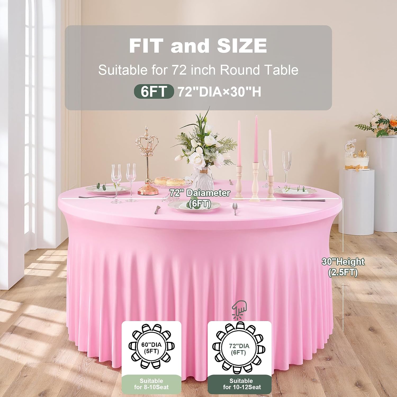 Outpain 8 Pack Pink 72inch Spandex Round Tablecloths, Stretchy 132inch Fitted 6FT Round Table Cloths, Wrinkle Free Table Cover with Skirt for Wedding Party Dining Banquet