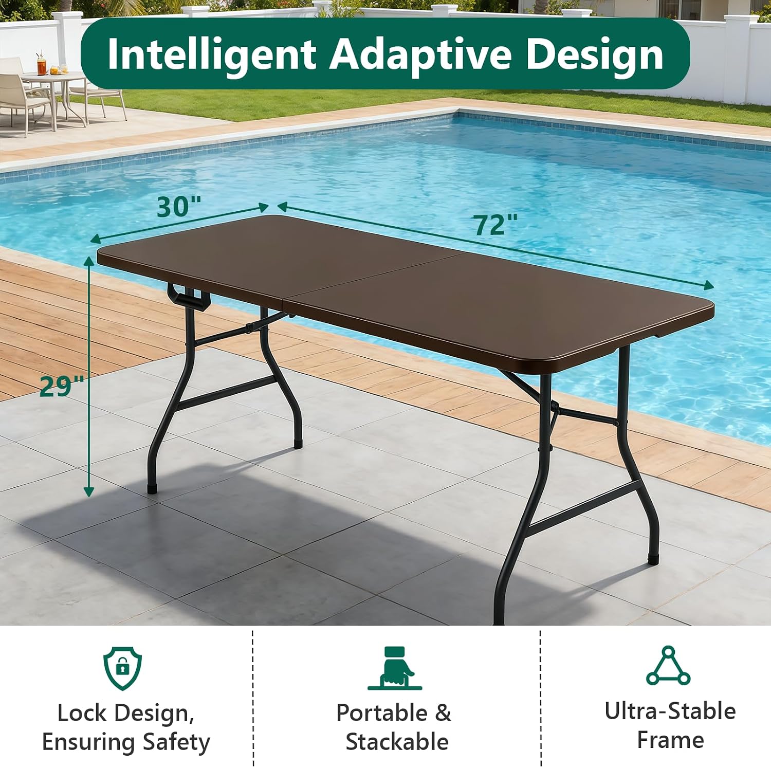 6FT Folding Table, Heavy Duty Plastic Fold-in-Half Utility Table with Handle, Portable Camping Picnic Table with Steel Legs for Indoor Outdoor Party, Dining, Brown,2 Pack