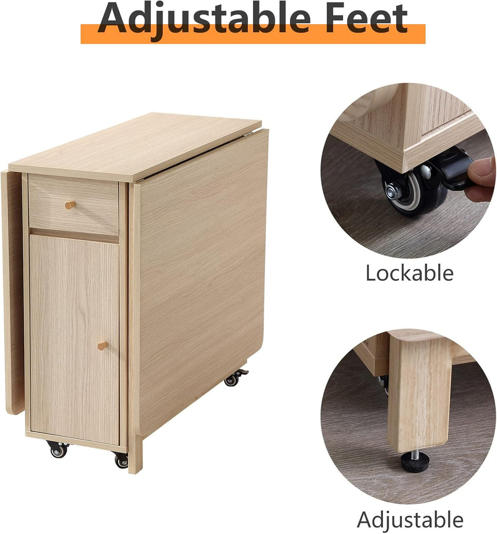 COMUHOME Extendable Drop Leaf Folding Dining Table with 2 Drawers and 4 Wheels for Living Room Kitchen Farmhouse Space Saving Table in Wood Color