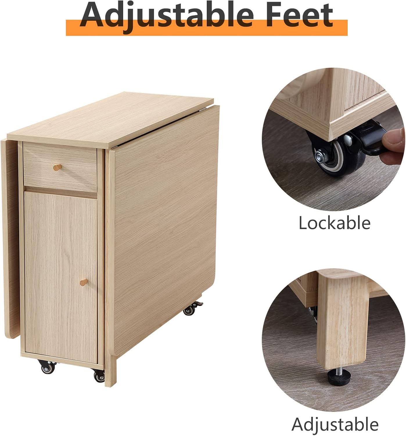 COMUHOME Extendable Drop Leaf Folding Dining Table with 2 Drawers and 4 Wheels for Living Room Kitchen Farmhouse Space Saving Table in Wood Color