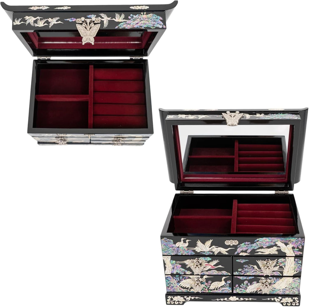 February Mountain Mother of Pearl Wooden Jewelry Organizer Box – Jewelry Storage Box for Women, Features Spacious Drawers, Ideal for Rings, Bracelets, Watches, Chains, Accessories (Colorful Crane)