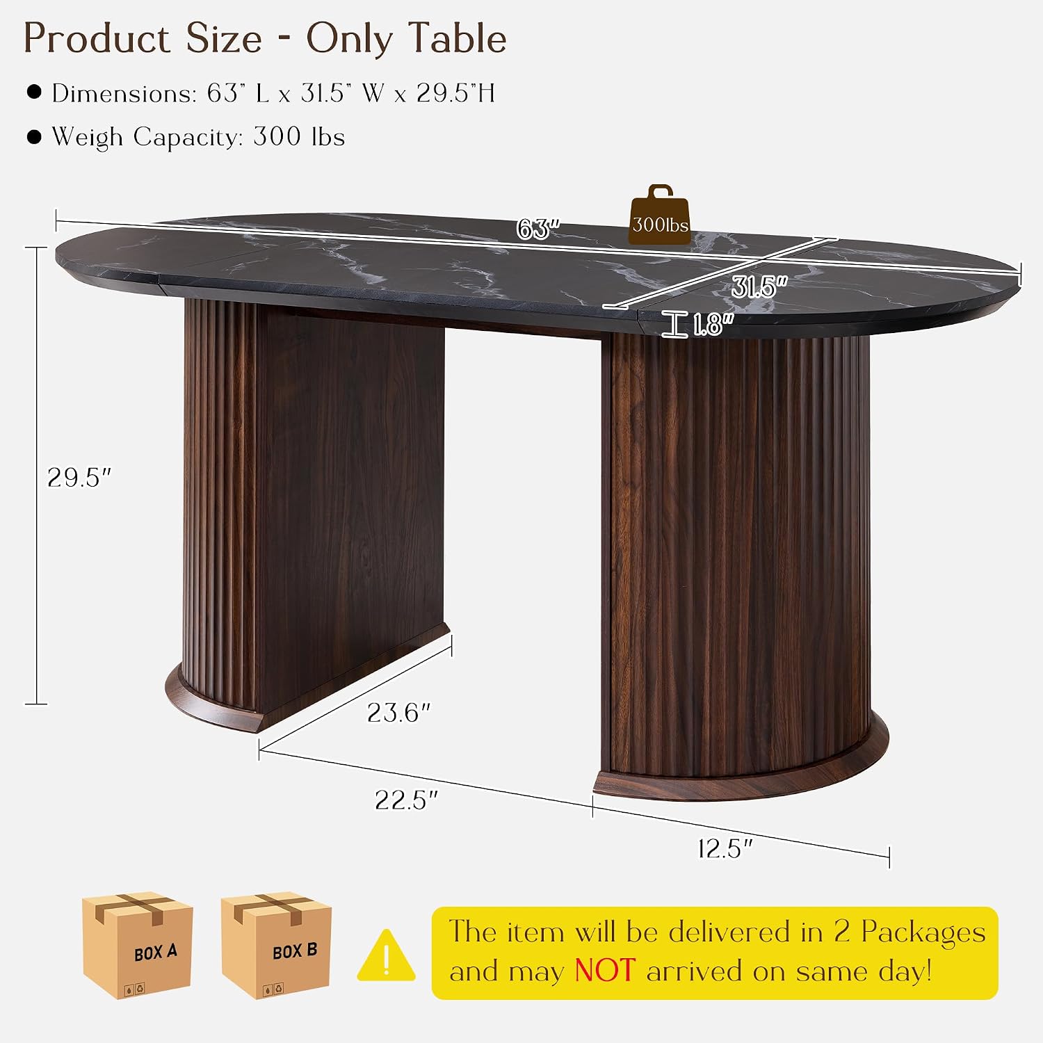 T4TREAM 63' Fluted Oval Dining Table for 4-6, Mid-Century Modern Kitchen Table with Thickened Edge & Semi-Cylindrical Base, Wood Table for Dining Room/Kitchen/Home Office, Black & Walnut(Table Only)
