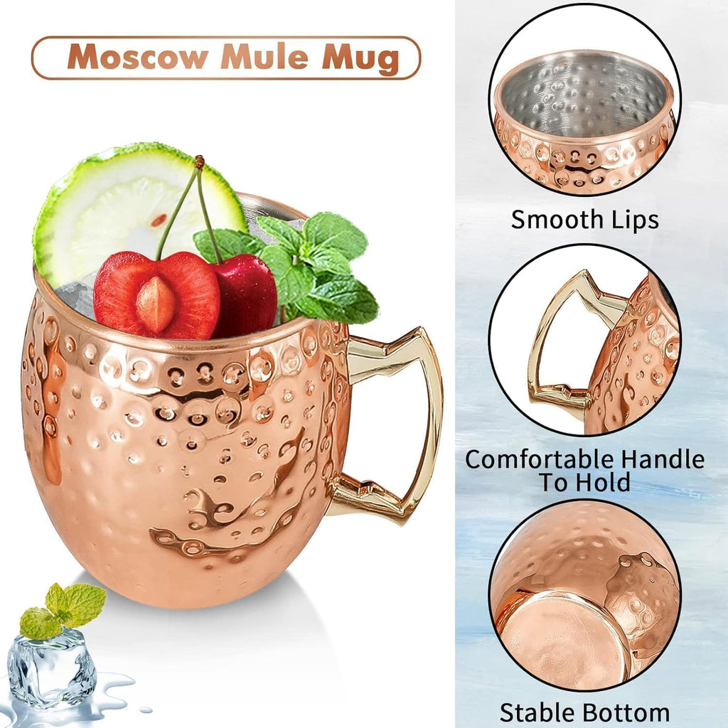 Moscow Mule Mugs Set of 24 Copper Plated Mule Mugs 18oz Bulk Large Hammered Stainless Steel Cups with Handle 1pcs 0.5oz Double Jigger Stainless Steel Straws for Cold Chilled Drinks Cocktails