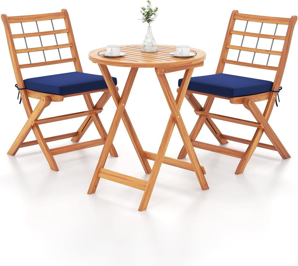 Tangkula 3 Piece Patio Wood Bistro Set, Folding Table Chair Set w/Soft Seat Cushions, Acacia Wood Frame, High-Back Portable Chairs w/Table for Backyard, Poolside (Navy)