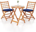 Tangkula 3 Piece Patio Wood Bistro Set, Folding Table Chair Set w/Soft Seat Cushions, Acacia Wood Frame, High-Back Portable Chairs w/Table for Backyard, Poolside (Navy)