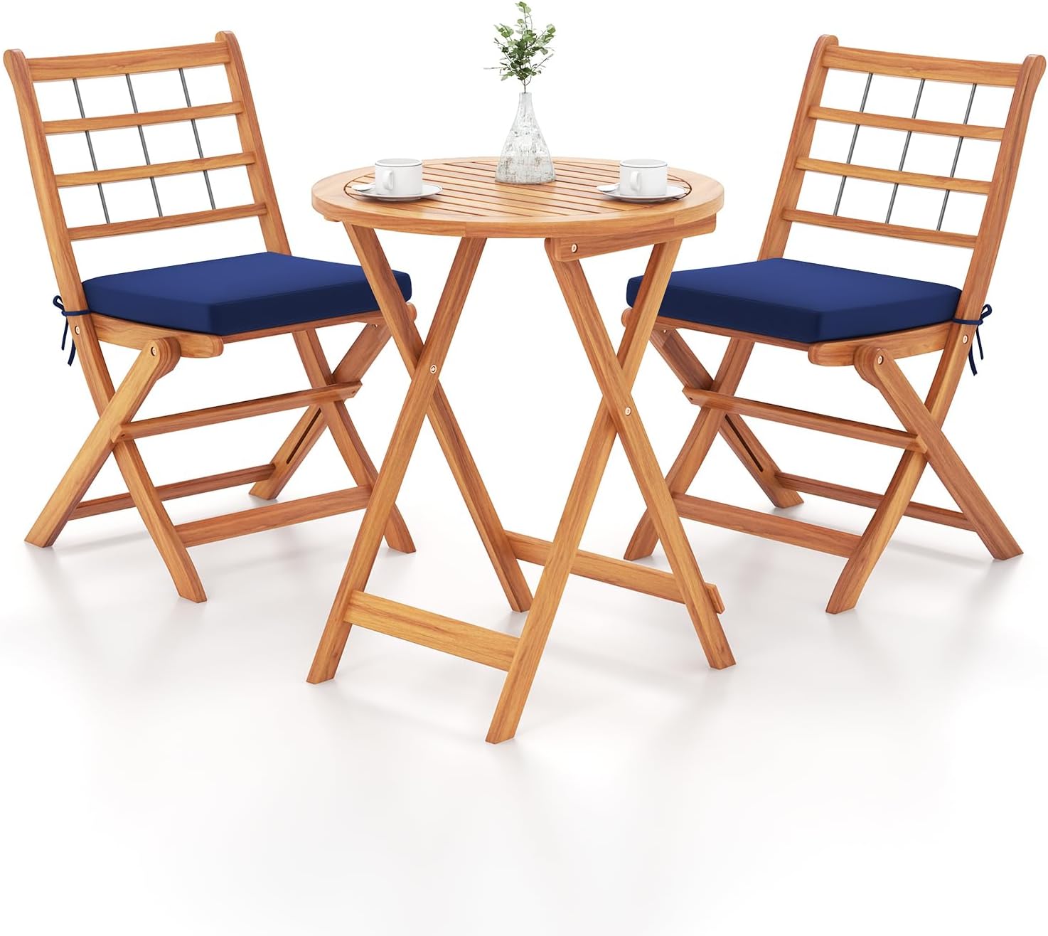 Tangkula 3 Piece Patio Wood Bistro Set, Folding Table Chair Set w/Soft Seat Cushions, Acacia Wood Frame, High-Back Portable Chairs w/Table for Backyard, Poolside (Navy)